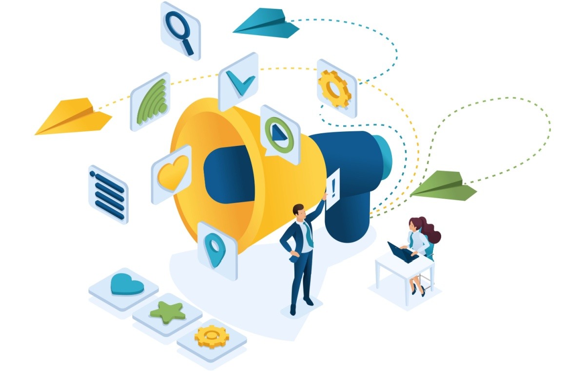 An illustration of a big yellow and blue megaphone with brand messaging related icons swirling around it